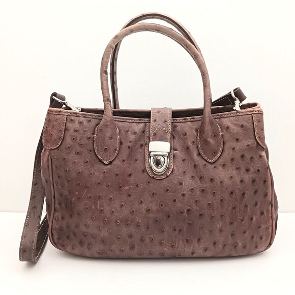 VTG Dooney & Bourke Ostrich Satchel Taupe Brown w Crossbody Strap - Picture 1 of 16
